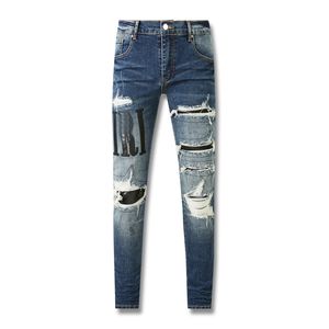 2024 Mode Nieuwe Ruïne Amerikaanse High Street Merken Heren Jeans Trendy Merk Patroon Geborduurde Verzwakte Gepatchte Broek Blauw Elastisch Strak