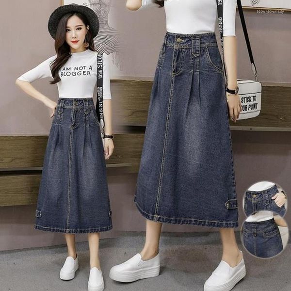 2024 Faldas nuevas de moda 2023 Falda larga Retro de verano primavera Falda vaquera para niñas cintura alta bolsillos con botones Jeans A-Line Maxi Faldas E426