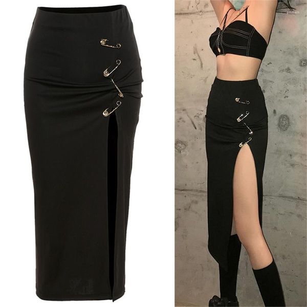 2024 Mode Nouvelles jupes femmes gothique punk taille haute midi longue jupe crayon moulante sexy côté fendu épingles en métal longueur de mollet mince noir clubwear