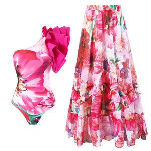 2024 Fashion One Piece Swimsuit Jupe One épaule Swimsuit Print 3D Floral Maillots de bain Femmes Slimmming Bathing Suit Beach Wear 240509