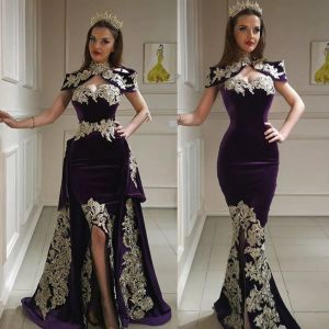 2024 Fashion prom -jurken Hoge kraag kanten Appliques Side Split avondjurken op maat gemaakt afneembare trein Mermaid Formele feestkleding