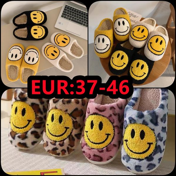 2024 Moda Mujer Sonrisa Zapatillas de invierno Suave Felpa Zapatos de piel sintética Señoras Fluffy Furry Flat Home Interior Pareja Algodón Cara sonriente Zapato para caminar eur37-46