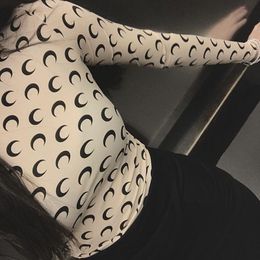T-shirt à manches longues pour femmes, vêtements féminins, Sexy, imprimé lune, tunique graphique, Koszulka Damska croissant, 2024