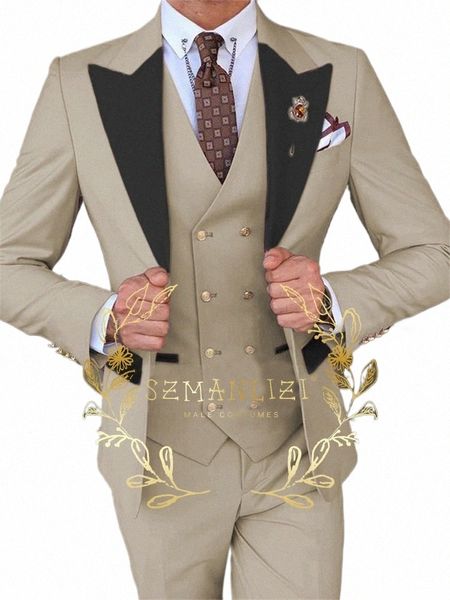 2024 Fi 3 pièces ensembles simple boutonnage garçons d'honneur beige marié smoking noir pic revers hommes costumes de mariage meilleur homme blazer Q93u #