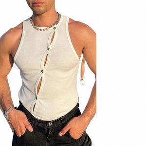 2024 Fi Hombres Elásticos Tight Tank Tops Irregular Butt Cardigan T Shirts Verano Casual Músculo Sexy Mens Chaleco Sleevel Tee F3II #