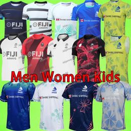 2024 Fiji Rugby Jerseys Hombres Mujeres Niños Equipo Nacional de Sevens 2023 Copa del Mundo Sistema de 7 personas Local Visitante Blanco Rojo Azul Negro FIJIAN DRUA Manga corta