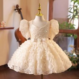 2024 Flower Girl Bruidsmeisje Pageant Lace Peuter Girls Toge Pearls First Communion Dress Princess Children Wedding Birthday Party Jurken 403