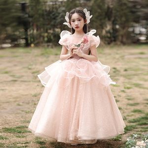 2024 Robe de fille de fleur imprimée robes rose royales robes de bal Tier-Tier Perles perles Luxurious Petite fille Christmas Peagant d'anniversaire