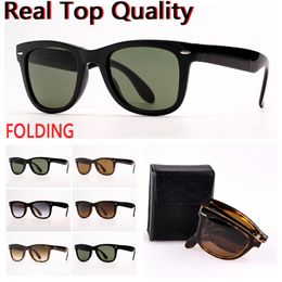 2024 Gafas de sol plegables Hombres Mujeres Lentes de vidrio Lentes Gafas de sol Des Lunettes De Soleil Accesorios de caja de cuero plegable original