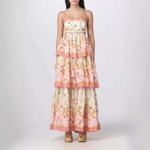 2024 Franse bloemencamisole jurk voor dames zomer nieuwe backless riem taille cinching slank fit cake lange rok print F51386