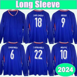 2024 Jerseys de fútbol francés mbappe giroud kolo muani camavosa Guendouzi Zaire-emery Camisas de fútbol azul de mangas de mangas largas