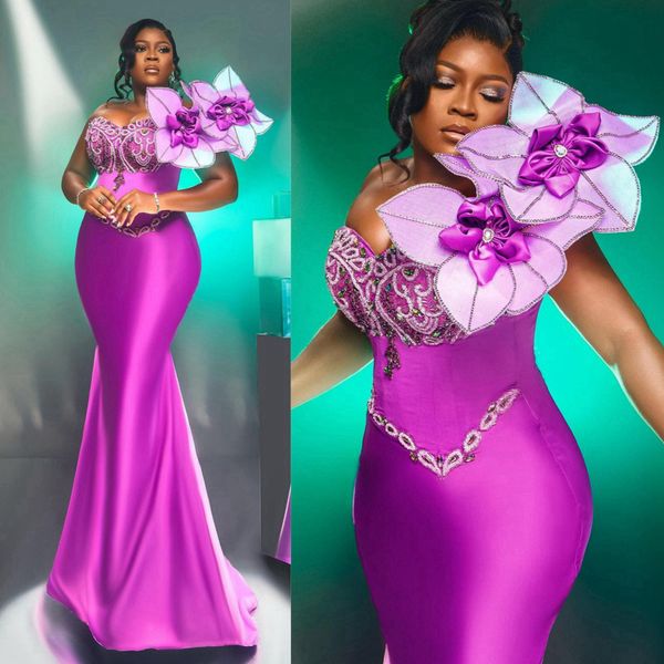 2024 Fuchsia Plus taille de bal Robe Promdress Robe d'anniversaire une épaule Fleurs de fleurs en perles cristaux cristaux de réception décorée Robe de fiançailles AM666