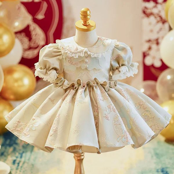 2024 Gala Vestido elegante para bebés Niños Impreso Ruchada con ropa de reverencia Fiesta de cumpleaños Niños Pagos de vestidos Fomal 17 y 240318