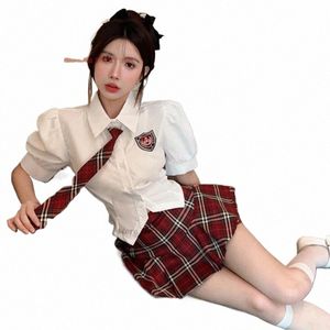 2024 meisje schooluniform set dagelijks jk uniform blouse + boog + hoge taille plooirok set chinese zoete en pittige meisje streetwear e0EP #