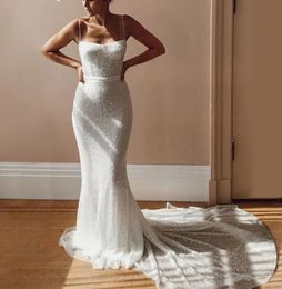 Robe De mariée sirène à paillettes, bretelles Spaghetti, perles, paillettes, dos ouvert, robes formelles Sexy, 2024