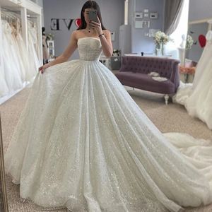 2024 Glitter Princess trouwjurk geplooide strapless pailletten kralen vaze a-line bruids bruid jurken vestido de novia mariage