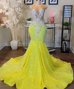 Robe de bal sirène à paillettes jaunes, avec des appliques de perles, tenue de soirée spéciale pour femmes, 2024, 0227