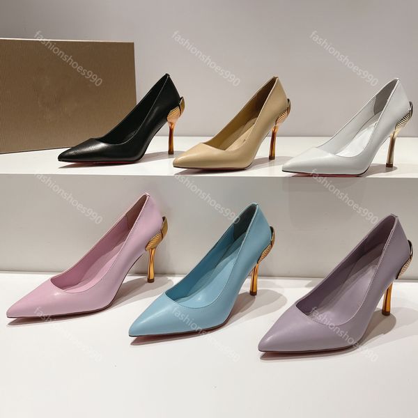 2024 Gold Gingko Talons Robe Chaussures Designer Femmes Nouvelles Pompes Carrière 8.5cm Talon Haut En Cuir Véritable Sexy Pointu Soirée De Mariage Chaussure Nude Noir Brillant 34-43 avec boîte 10A