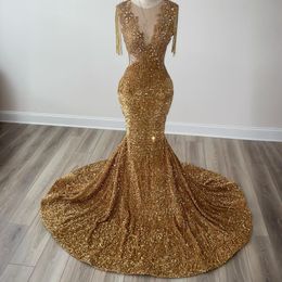 2024 Gold Prom -jurken voor zwarte vrouwen illusie Mermaid Lang beloning Lovert Lace Beading Tassel Appliqued Beads Lace Birthday Dress Tweede Receptie AM970