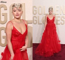 2024 Golden Globes Florence Pugh Robes de soirée de célébrité Charmante Tulle rouge Fleurs 3D Robes de soirée de bal Longueur de plancher Une ligne Sexy Col en V Piste Tenue de soirée CL3182