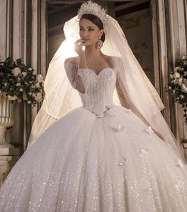 2024 magnifique robe de mariée robe de bal col transparent manches longues perles paillettes à lacets dos papillon fleurs robe de mariée robe de novia casamento