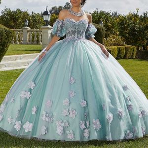 2024 lindo luz verde vestidos de baile fora do ombro 3d-floral rendas contas tule 15 menina feminino quinceanera vestidos de baile