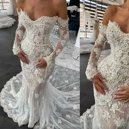 2024 Robes de mariée de sirène magnifiques Robe nuptiale à manches longues en dentelle perles perles de la plage de plage sur mesure plus sur mesure Vestido de Novia 0509