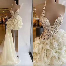 2024 hermosos vestidos de graduación de un hombro tirantes mini flores hechas a mano Cristales con cuentas de vestidos de noche hechos por la noche