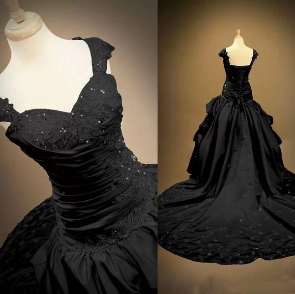 2024 Vestido de novia negro gótico Tren de la corte Vestidos de novia de satén acanalados Apliques de encaje Con cuentas Vestidos para ocasiones especiales vintage para mujeres Correas Vestidos de talla grande