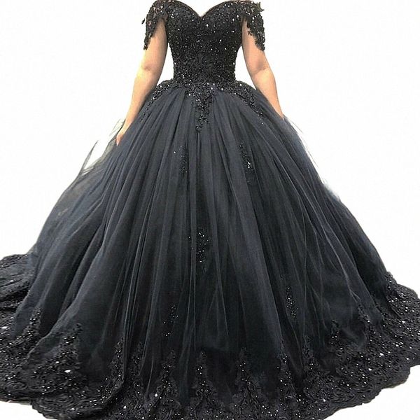 2024 Cristaux gothiques Noir Mariage Dres Dentelle Appliques Robe de bal Glitter Princ Robes de mariée hors de l'épaule D6ok #