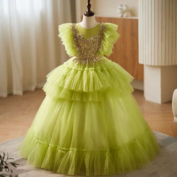 2024 Robes de fleurs en dentelle verte pour mariage appliquée Ball Toddler Pageant Robes Tulle Pearls Longueur First Communon Robe Infant Girl Birthday Robe 403