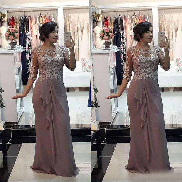 2024 Madre gris de los vestidos de novia Joya Media manga Gasa Apliques de encaje Volantes Longitud del piso Vestido de fiesta de la madre de la boda