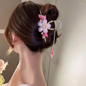 Pinces à cheveux en acrylique, belle griffe de fleur, bijoux chinois anciens, long pompon, grande pince à cheveux, accessoires kaki, 2024