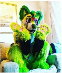 2024 Halloween taille adulte vert moyen long fourrure Husky Fox mascotte Costume pour fête personnage de dessin animé mascotte vente livraison gratuite support personnalisation