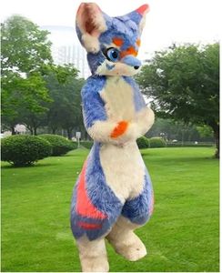 2024 Halloween Blue Husky Fox Fourrure mi-longueur One Costume de mascotte Dessin animé Personnage de thème Anime Noël Carnaval Fête Costumes Fantaisie Tenue Adulte