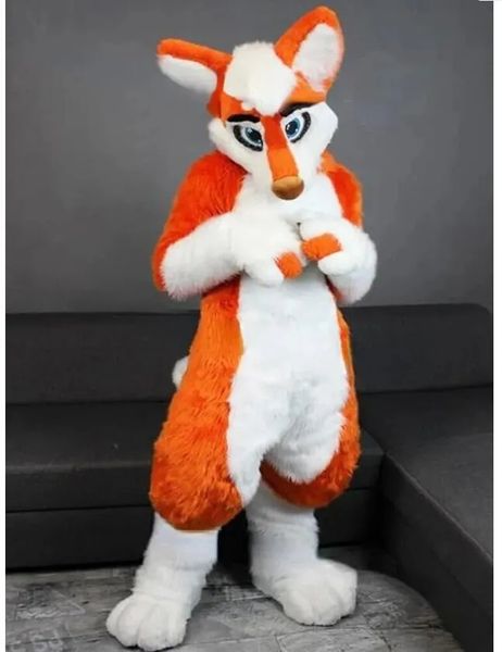 2024 Halloween Orange Husky Fox Costume de mascotte de fourrure moyenne et longue Dessin animé Personnage de thème Anime Noël Carnaval Fête Costumes Fantaisie Tenue Adulte