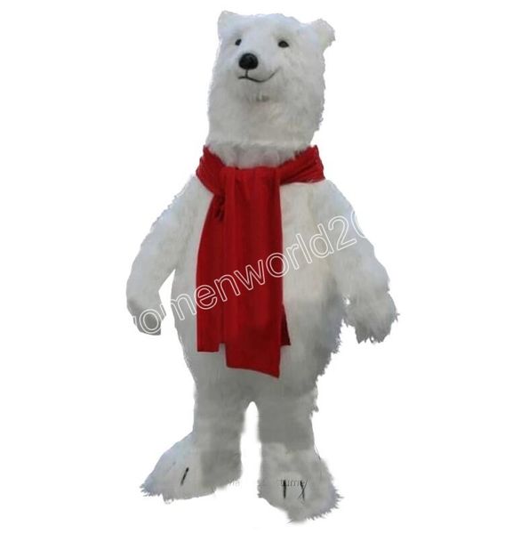 2024 Halloween Super mignon ours polaire avec écharpe rouge mascotte costume déguisement carnaval dessin animé thème déguisement déguisement pour hommes femmes