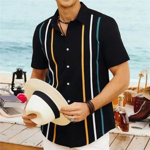 2024 Camisa hawaiana a rayas para hombre, polo informal con flores retro, manga corta, playa social, manga larga, estampado 3D, ropa de calle, verano 240130