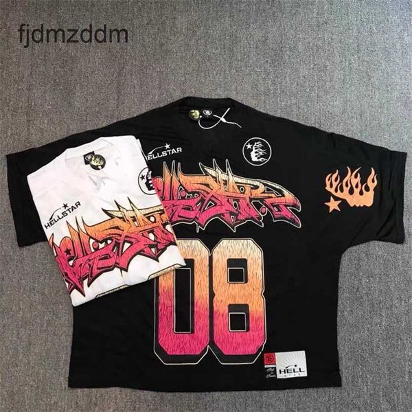 2024 Hellstarss Jersey Tee Mesh Patch Letter Graffiti Flame Sports T-shirt à manches courtes décontractées