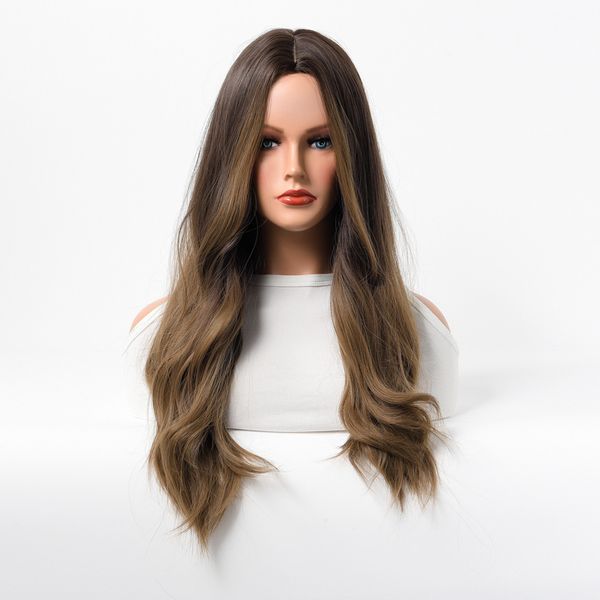 2024 Alta calidad 28 pulgadas Center Peluces de pelucas largas Venta caliente Brown Big Wavy Hair al por mayor Europa América Moda Permed Papled Cabello Rose Neta Cura