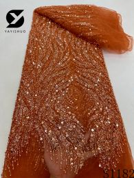 2024 Sequins africains de haute qualité TULLE BROIDE BROIRED Fabric de dentelle de dentelle de linins perles tissu pour le mariage nigérian S1182