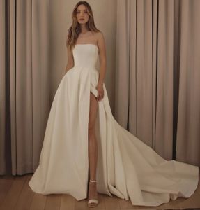 2024 Haute Qualité Satin Bretelles Princesse Une Ligne Robes De Mariée Côté Fente Robes De Soirée De Mariée Sur Mesure Robes De Novias