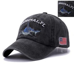 2024 Hoge kwaliteit Wash Cotton America Flag Shark Mens Baseball Cap Women hoeden voor mannen Bone Hip Hop Dad Hat Gorras 240426