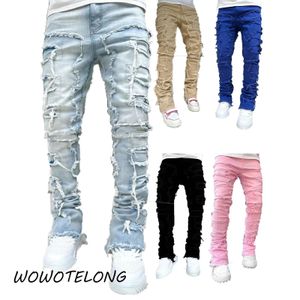 2024 High Street Fashion Men Jeans Retro Washed Blue Stretch Skinny Fit Ripped Jeans Men Pattepred Designer Hip Hop Brand Brand Pants 240420