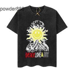2024 High Street Trendy Half Manched Sun Snow Mountain Letter Imprimé T-shirt en vrac lavé en détresse