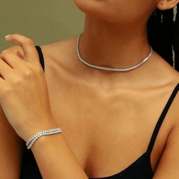 2024 Hip Hop Iced Out Bling 5A Zircon Cubique 3MM CZ Tennis Chaîne Collier Femmes Garçon Classique Simple Rangée Pierre Bracelet Ensemble de Bijoux 240123