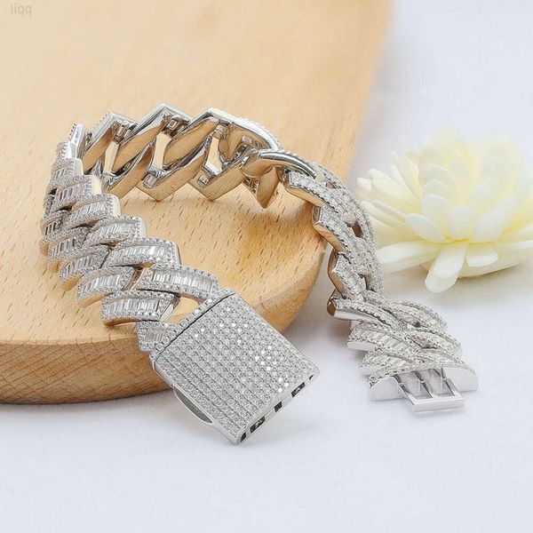 2024 Bijoux hip hop 18 mm entièrement VVS Baguette Moisanite Diamond Silver Men Bracelet cubain Iced Out Miami Cuban Link Chain