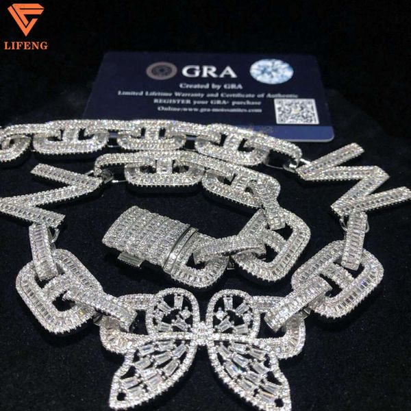 2024 HIPHOP Joyería para hombres Cadena de enlace cubano 925 STERTERLE SIGLING COMPLETO VVS MOISSANITE Butterfly Carta colgante cubana