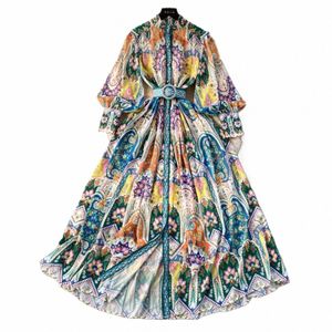 2024 Holiday Paisley Print Party Dr Stand Femmes Lg Manches Simple Boutonnage Floral Ceinture Chiff Maxi Robe Robes x57u #