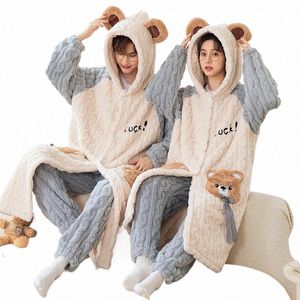 2024 Hooded Koppels Pyjama Set Vrouwen Mannen Winter Dikker 2 Delige Set Pyjama Nachtkleding Set Koreaanse Homewear Warm Pijama Hoodies v5b0 #